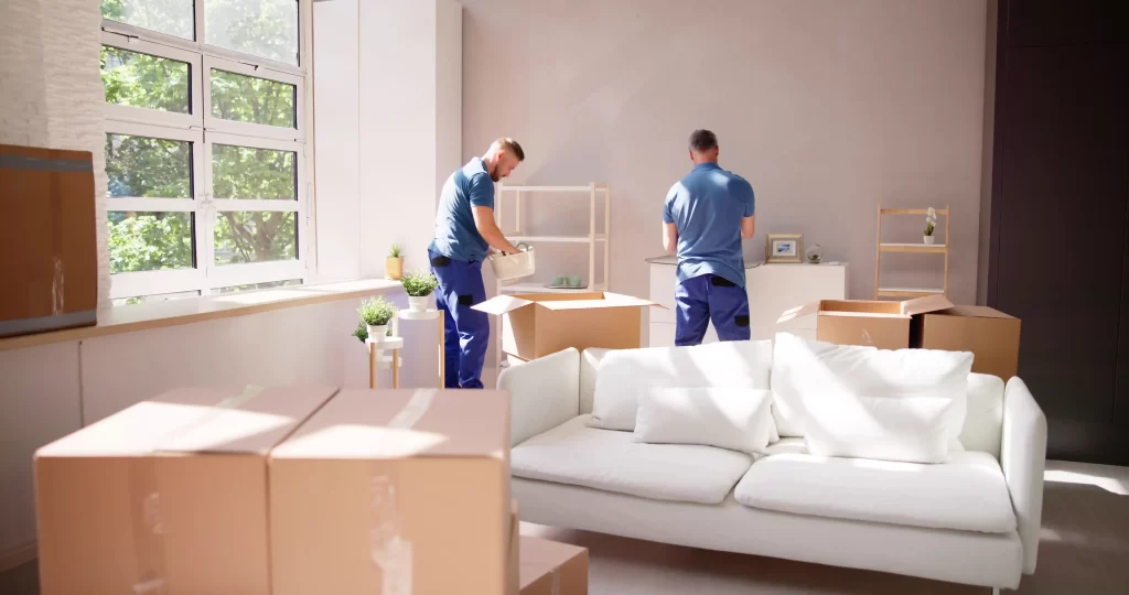 Professional movers carefully loading furniture into a secure storage unit.